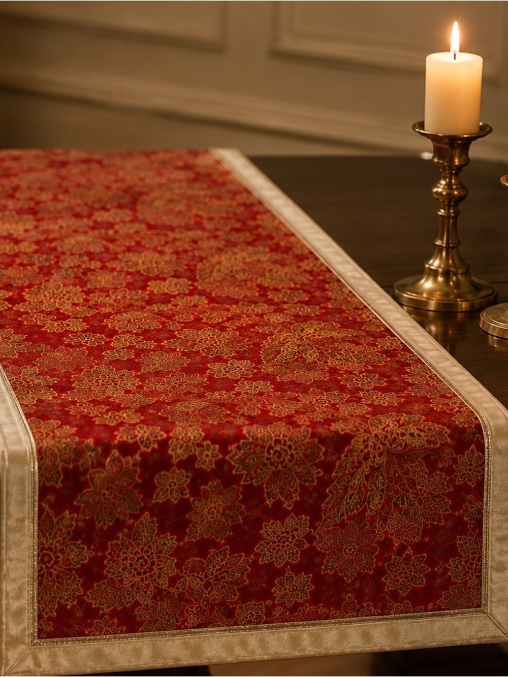 Luxury Reversible Red Gold Table Runner — Gold Satin Back | Old Money European